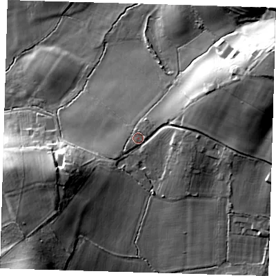 Shaded relief map of the ground around TN86RA, computed from Environment Agency LiDAR. The ground here sits at about 86 m above sea level and falls 37 m across the surrounding 800 m. Surface water reaching this point runs off ground lying to the east-north-east, 21.7 m higher.