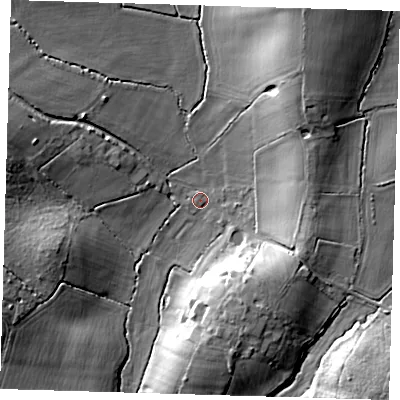 Shaded relief map of the ground around TN86SD, computed from Environment Agency LiDAR. The ground here sits at about 62 m above sea level and falls 23 m across the surrounding 800 m. Surface water reaching this point runs off ground lying to the north-north-east, 19.4 m higher.