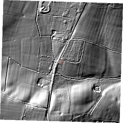 Shaded relief map of the ground around TN86SN, computed from Environment Agency LiDAR. The ground here sits at about 66 m above sea level and falls 21 m across the surrounding 800 m. Surface water reaching this point runs off ground lying to the north-north-east, 9.5 m higher.