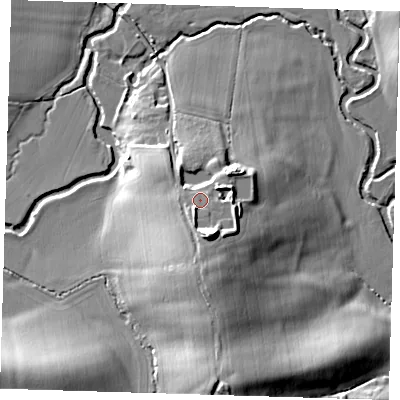 Shaded relief map of the ground around TN87AA, computed from Environment Agency LiDAR. The ground here sits at about 45 m above sea level and falls 20 m across the surrounding 800 m. Surface water reaching this point runs off ground lying to the south-south-east, 6.9 m higher.