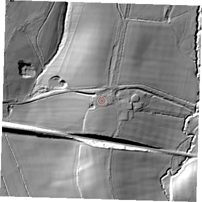 Shaded relief map of the ground around TN87AJ, computed from Environment Agency LiDAR. The ground here sits at about 55 m above sea level and falls 25 m across the surrounding 800 m. Surface water reaching this point runs off ground lying to the north-west, 0.5 m higher.