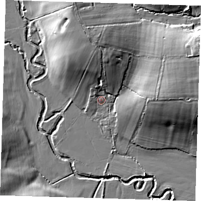 Shaded relief map of the ground around TN87AL, computed from Environment Agency LiDAR. The ground here sits at about 36 m above sea level and falls 18 m across the surrounding 800 m. Surface water reaching this point runs off ground lying to the north, 12.5 m higher.