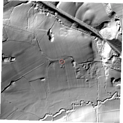 Shaded relief map of the ground around TN87DP, computed from Environment Agency LiDAR. The ground here sits at about 57 m above sea level and falls 59 m across the surrounding 800 m. Surface water reaching this point runs off ground lying to the north-west, 9.8 m higher.