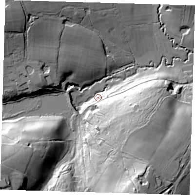 Shaded relief map of the ground around TN87JP, computed from Environment Agency LiDAR. The ground here sits at about 64 m above sea level and falls 51 m across the surrounding 800 m. Surface water reaching this point runs off ground lying to the south-east, 36.1 m higher.