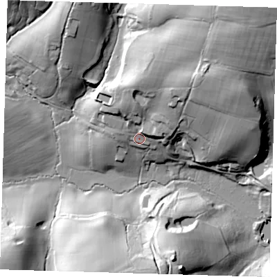 Shaded relief map of the ground around TN87JU, computed from Environment Agency LiDAR. The ground here sits at about 83 m above sea level and falls 52 m across the surrounding 800 m. Surface water reaching this point runs off ground lying to the north-east, 35.9 m higher.