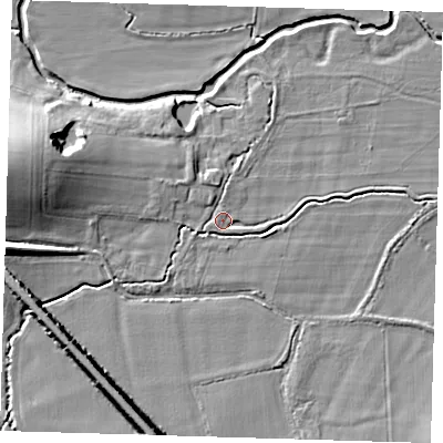 Shaded relief map of the ground around TN87LD, computed from Environment Agency LiDAR. The ground here sits at about 39 m above sea level and falls 13 m across the surrounding 800 m. Surface water reaching this point runs off ground lying to the west-north-west, 10.5 m higher.