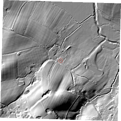 Shaded relief map of the ground around TN87LE, computed from Environment Agency LiDAR. The ground here sits at about 39 m above sea level and falls 26 m across the surrounding 800 m. Surface water reaching this point runs off ground lying to the south-south-west, 20.2 m higher.