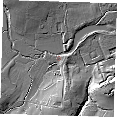 Shaded relief map of the ground around TN87NG, computed from Environment Agency LiDAR. The ground here sits at about 37 m above sea level and falls 21 m across the surrounding 800 m. Surface water reaching this point runs off ground lying to the south-south-east, 4.7 m higher.
