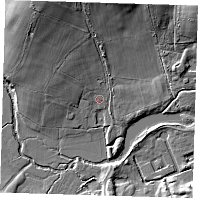 Shaded relief map of the ground around TN87NJ, computed from Environment Agency LiDAR. The ground here sits at about 38 m above sea level and falls 18 m across the surrounding 800 m. Surface water reaching this point runs off ground lying to the north-north-west, 15.2 m higher.