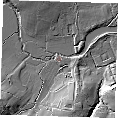 Shaded relief map of the ground around TN87NQ, computed from Environment Agency LiDAR. The ground here sits at about 37 m above sea level and falls 19 m across the surrounding 800 m. Surface water reaching this point runs off ground lying to the west-south-west, 1.7 m higher.
