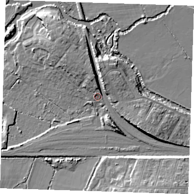 Shaded relief map of the ground around TN91AH, computed from Environment Agency LiDAR. The ground here sits at about 26 m above sea level and falls 14 m across the surrounding 800 m. Surface water reaching this point runs off ground lying to the north, 4.0 m higher.