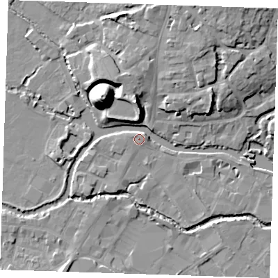 Shaded relief map of the ground around TN91AN, computed from Environment Agency LiDAR. The ground here sits at about 23 m above sea level and falls 22 m across the surrounding 800 m. Surface water reaching this point runs off ground lying to the east-north-east, 1.0 m higher.