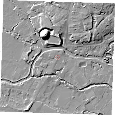 Shaded relief map of the ground around TN91AP, computed from Environment Agency LiDAR. The ground here sits at about 23 m above sea level and falls 22 m across the surrounding 800 m. Surface water reaching this point runs off ground lying to the north-east, 1.8 m higher.