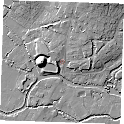Shaded relief map of the ground around TN91AS, computed from Environment Agency LiDAR. The ground here sits at about 26 m above sea level and falls 22 m across the surrounding 800 m. Surface water reaching this point runs off ground lying to the north-north-east, 7.8 m higher.