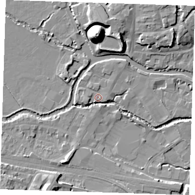 Shaded relief map of the ground around TN91AW, computed from Environment Agency LiDAR. The ground here sits at about 23 m above sea level and falls 22 m across the surrounding 800 m. Surface water reaching this point runs off ground lying to the west-south-west, 3.5 m higher.