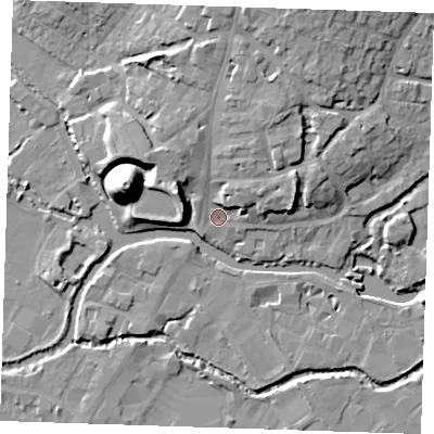 Shaded relief map of the ground around TN91DJ, computed from Environment Agency LiDAR. The ground here sits at about 24 m above sea level and falls 22 m across the surrounding 800 m. Surface water reaching this point runs off ground lying to the north, 8.1 m higher.