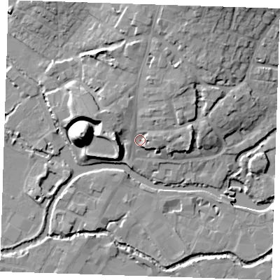 Shaded relief map of the ground around TN91DL, computed from Environment Agency LiDAR. The ground here sits at about 25 m above sea level and falls 22 m across the surrounding 800 m. Surface water reaching this point runs off ground lying to the north, 7.1 m higher.