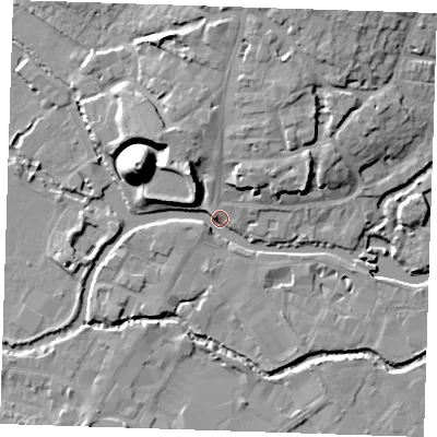 Shaded relief map of the ground around TN91DR, computed from Environment Agency LiDAR. The ground here sits at about 23 m above sea level and falls 22 m across the surrounding 800 m. Surface water reaching this point runs off ground lying to the north-west, 21.3 m higher.