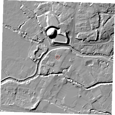 Shaded relief map of the ground around TN91DS, computed from Environment Agency LiDAR. The ground here sits at about 22 m above sea level and falls 22 m across the surrounding 800 m. Surface water reaching this point runs off ground lying to the east-north-east, 1.9 m higher.