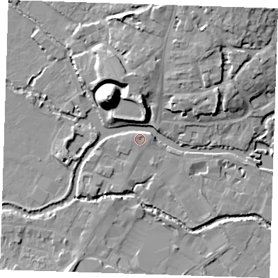 Shaded relief map of the ground around TN91DT, computed from Environment Agency LiDAR. The ground here sits at about 23 m above sea level and falls 22 m across the surrounding 800 m. Surface water reaching this point runs off ground lying to the east-north-east, 1.0 m higher.