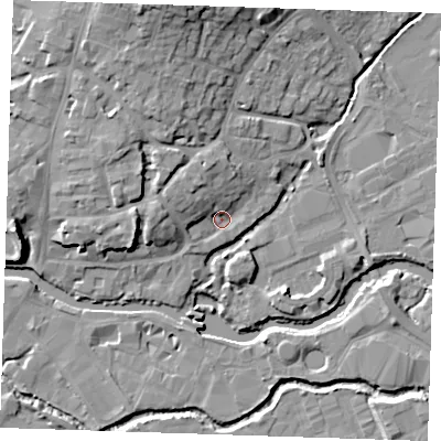 Shaded relief map of the ground around TN91DW, computed from Environment Agency LiDAR. The ground here sits at about 23 m above sea level and falls 17 m across the surrounding 800 m. Surface water reaching this point runs off ground lying to the north-west, 5.7 m higher.
