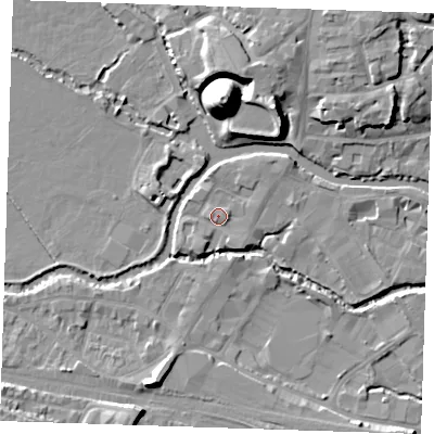 Shaded relief map of the ground around TN91DX, computed from Environment Agency LiDAR. The ground here sits at about 23 m above sea level and falls 22 m across the surrounding 800 m. Surface water reaching this point runs off ground lying to the north-east, 1.9 m higher.