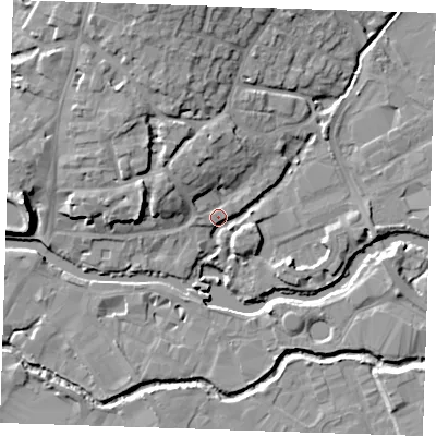 Shaded relief map of the ground around TN91EA, computed from Environment Agency LiDAR. The ground here sits at about 23 m above sea level and falls 14 m across the surrounding 800 m. Surface water reaching this point runs off ground lying to the east-south-east, 3.4 m higher.