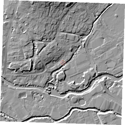 Shaded relief map of the ground around TN91EB, computed from Environment Agency LiDAR. The ground here sits at about 23 m above sea level and falls 17 m across the surrounding 800 m. Surface water reaching this point runs off ground lying to the north-west, 7.5 m higher.