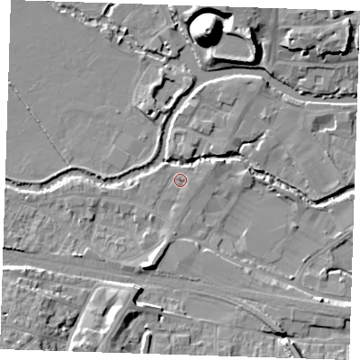 Shaded relief map of the ground around TN91ED, computed from Environment Agency LiDAR. The ground here sits at about 22 m above sea level and falls 22 m across the surrounding 800 m. Surface water reaching this point runs off ground lying to the south-west, 1.6 m higher.