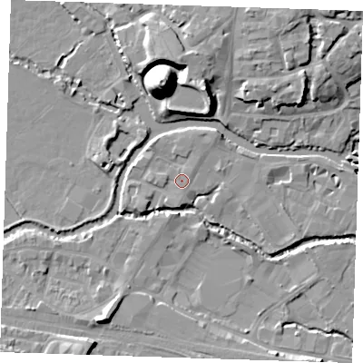 Shaded relief map of the ground around TN91EE, computed from Environment Agency LiDAR. The ground here sits at about 23 m above sea level and falls 22 m across the surrounding 800 m. Surface water reaching this point runs off ground lying to the south-south-west, 1.2 m higher.