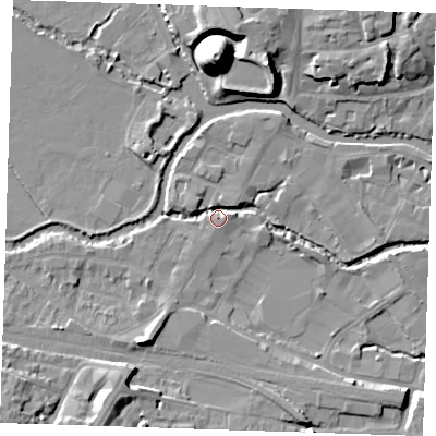 Shaded relief map of the ground around TN91EH, computed from Environment Agency LiDAR. The ground here sits at about 23 m above sea level and falls 22 m across the surrounding 800 m. Surface water reaching this point runs off ground lying to the west-north-west, 3.5 m higher.