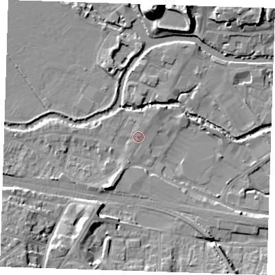 Shaded relief map of the ground around TN91EJ, computed from Environment Agency LiDAR. The ground here sits at about 23 m above sea level and falls 22 m across the surrounding 800 m. Surface water reaching this point runs off ground lying to the south-south-west, 1.7 m higher.