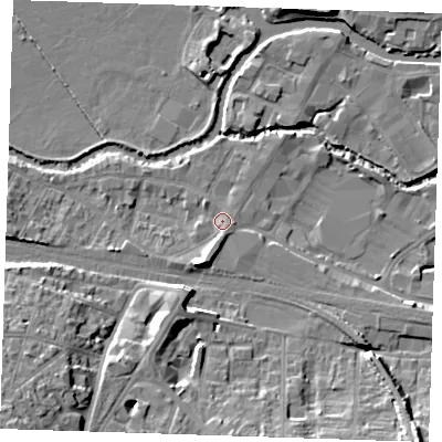 Shaded relief map of the ground around TN91EL, computed from Environment Agency LiDAR. The ground here sits at about 24 m above sea level and falls 19 m across the surrounding 800 m. Surface water reaching this point runs off ground lying to the south, 1.8 m higher.