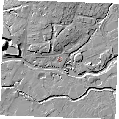 Shaded relief map of the ground around TN91ET, computed from Environment Agency LiDAR. The ground here sits at about 22 m above sea level and falls 22 m across the surrounding 800 m. Surface water reaching this point runs off ground lying to the north, 9.4 m higher.