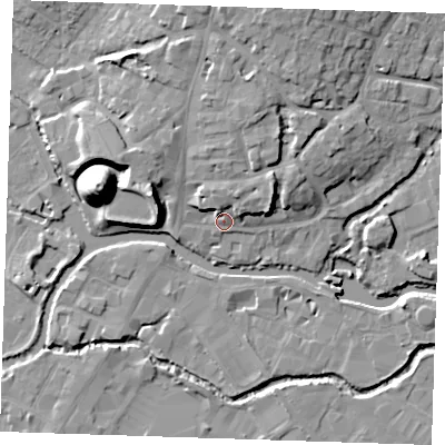 Shaded relief map of the ground around TN91EX, computed from Environment Agency LiDAR. The ground here sits at about 24 m above sea level and falls 22 m across the surrounding 800 m. Surface water reaching this point runs off ground lying to the north-north-east, 4.8 m higher.