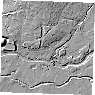 Shaded relief map of the ground around TN91EY, computed from Environment Agency LiDAR. The ground here sits at about 24 m above sea level and falls 22 m across the surrounding 800 m. Surface water reaching this point runs off ground lying to the north, 9.7 m higher.