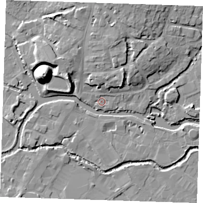 Shaded relief map of the ground around TN91EZ, computed from Environment Agency LiDAR. The ground here sits at about 23 m above sea level and falls 22 m across the surrounding 800 m. Surface water reaching this point runs off ground lying to the north-north-west, 1.4 m higher.