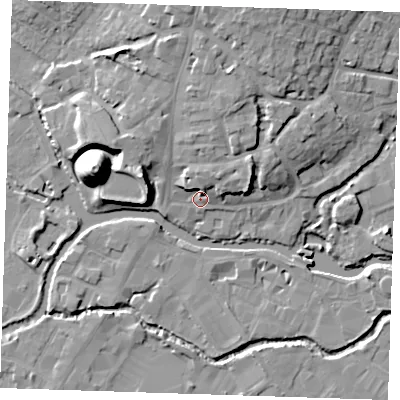 Shaded relief map of the ground around TN91FB, computed from Environment Agency LiDAR. The ground here sits at about 24 m above sea level and falls 22 m across the surrounding 800 m. Surface water reaching this point runs off ground lying to the north-north-east, 4.4 m higher.