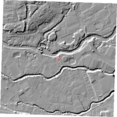 Shaded relief map of the ground around TN91FD, computed from Environment Agency LiDAR. The ground here sits at about 22 m above sea level and falls 11 m across the surrounding 800 m. Surface water reaching this point runs off ground lying to the east, 1.6 m higher.