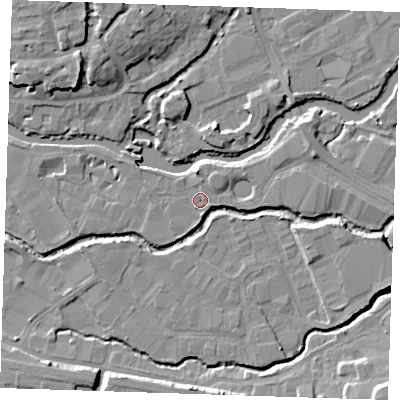 Shaded relief map of the ground around TN91FE, computed from Environment Agency LiDAR. The ground here sits at about 22 m above sea level and falls 11 m across the surrounding 800 m. Surface water reaching this point runs off ground lying to the north, 1.5 m higher.