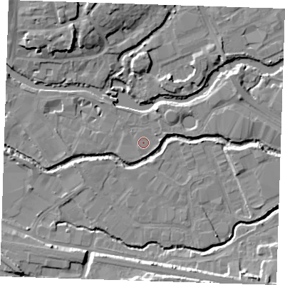 Shaded relief map of the ground around TN91FJ, computed from Environment Agency LiDAR. The ground here sits at about 22 m above sea level and falls 11 m across the surrounding 800 m. Surface water reaching this point runs off ground lying to the east, 1.5 m higher.