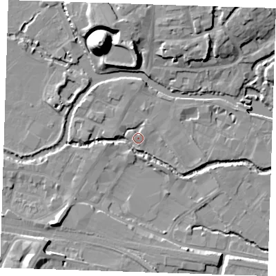 Shaded relief map of the ground around TN91FQ, computed from Environment Agency LiDAR. The ground here sits at about 22 m above sea level and falls 22 m across the surrounding 800 m. Surface water reaching this point runs off ground lying to the north-west, 1.3 m higher.