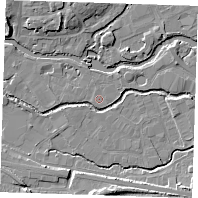 Shaded relief map of the ground around TN91FR, computed from Environment Agency LiDAR. The ground here sits at about 22 m above sea level and falls 13 m across the surrounding 800 m. Surface water reaching this point runs off ground lying to the east-north-east, 1.5 m higher.