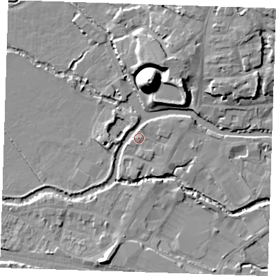 Shaded relief map of the ground around TN91FS, computed from Environment Agency LiDAR. The ground here sits at about 23 m above sea level and falls 22 m across the surrounding 800 m. Surface water reaching this point runs off ground lying to the south-south-west, 7.3 m higher.
