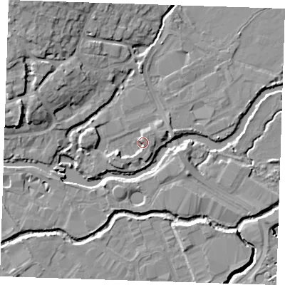 Shaded relief map of the ground around TN91FW, computed from Environment Agency LiDAR. The ground here sits at about 23 m above sea level and falls 14 m across the surrounding 800 m. Surface water reaching this point runs off ground lying to the west-south-west, 3.0 m higher.