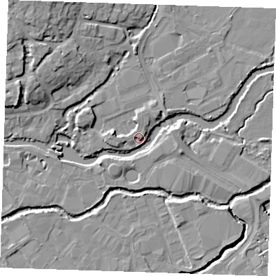 Shaded relief map of the ground around TN91FX, computed from Environment Agency LiDAR. The ground here sits at about 23 m above sea level and falls 13 m across the surrounding 800 m. Surface water reaching this point runs off ground lying to the north-west, 11.3 m higher.