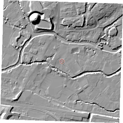 Shaded relief map of the ground around TN91FY, computed from Environment Agency LiDAR. The ground here sits at about 22 m above sea level and falls 22 m across the surrounding 800 m. Surface water reaching this point runs off ground lying to the west-south-west, 1.3 m higher.
