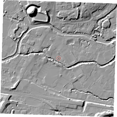 Shaded relief map of the ground around TN91FZ, computed from Environment Agency LiDAR. The ground here sits at about 22 m above sea level and falls 22 m across the surrounding 800 m. Surface water reaching this point runs off ground lying to the west-north-west, 3.5 m higher.