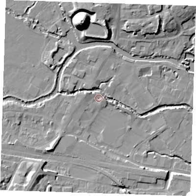 Shaded relief map of the ground around TN91GF, computed from Environment Agency LiDAR. The ground here sits at about 22 m above sea level and falls 22 m across the surrounding 800 m. Surface water reaching this point runs off ground lying to the west-north-west, 3.5 m higher.