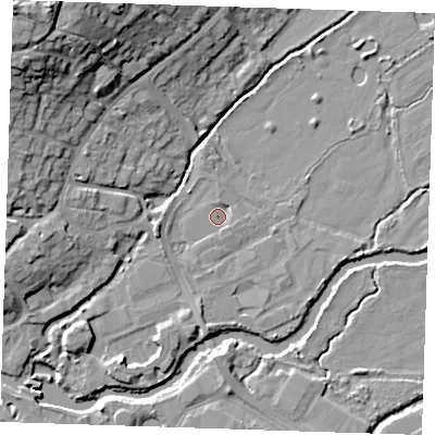 Shaded relief map of the ground around TN91GG, computed from Environment Agency LiDAR. The ground here sits at about 21 m above sea level and falls 23 m across the surrounding 800 m. Surface water reaching this point runs off ground lying to the south-east, 1.7 m higher.
